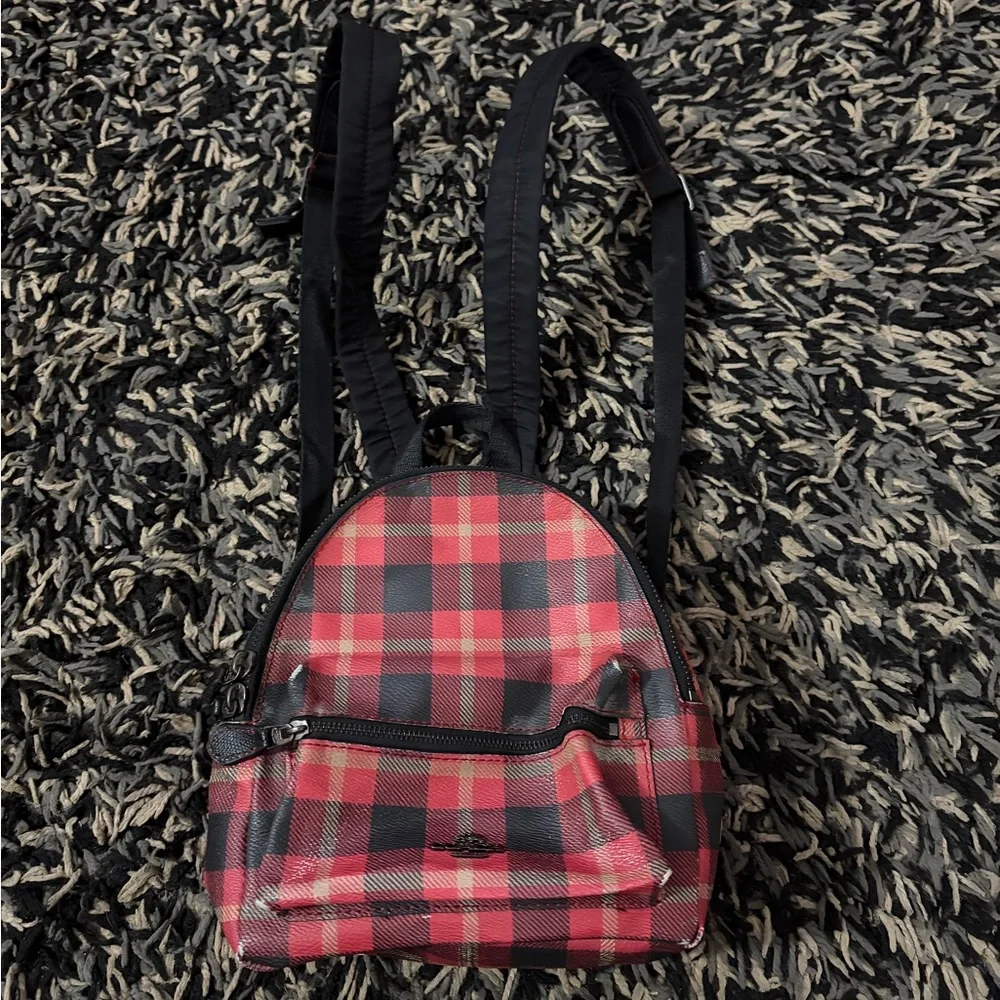 Coach Mini Court Backpack Buffalo Plaid Red Black Pebbled Leather Small Bag